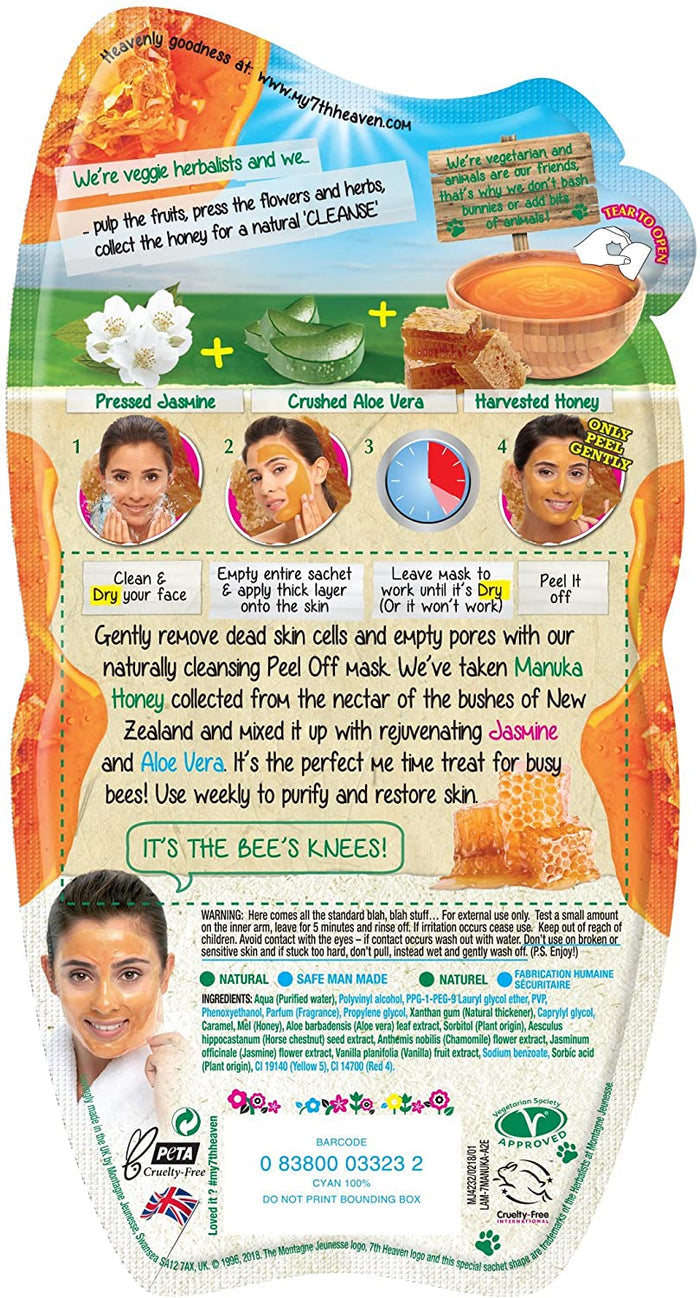 7th Heaven Manuka Honey Easy Peel-Off Mask with Pressed Jasmine and Juiced Aloe Vera to Remove Dead Skin Cells - Ideal for Oily, Combination and Problem Skin