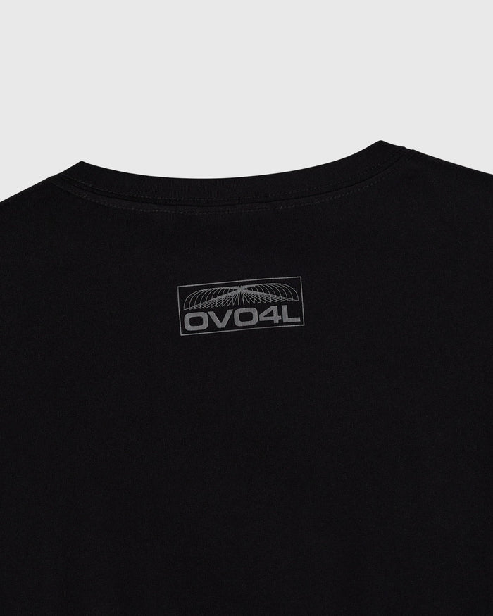 Black crew neck tee with OVO4L logo print on back.
