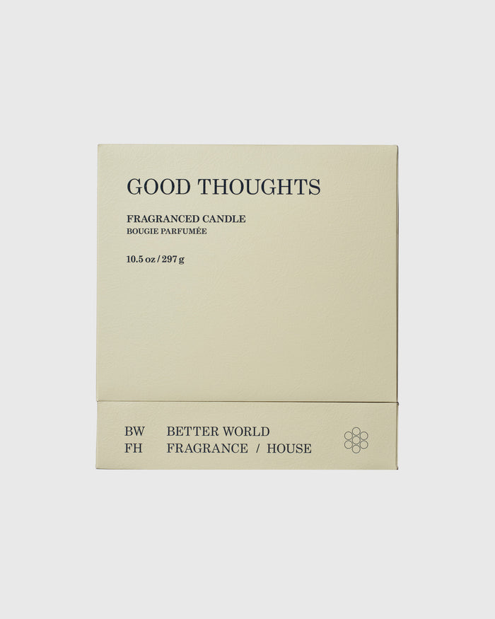 Cream-colored candle box labeled "Good Thoughts" fragranced candle, 10.5 oz, with Better World Fragrance House branding.
