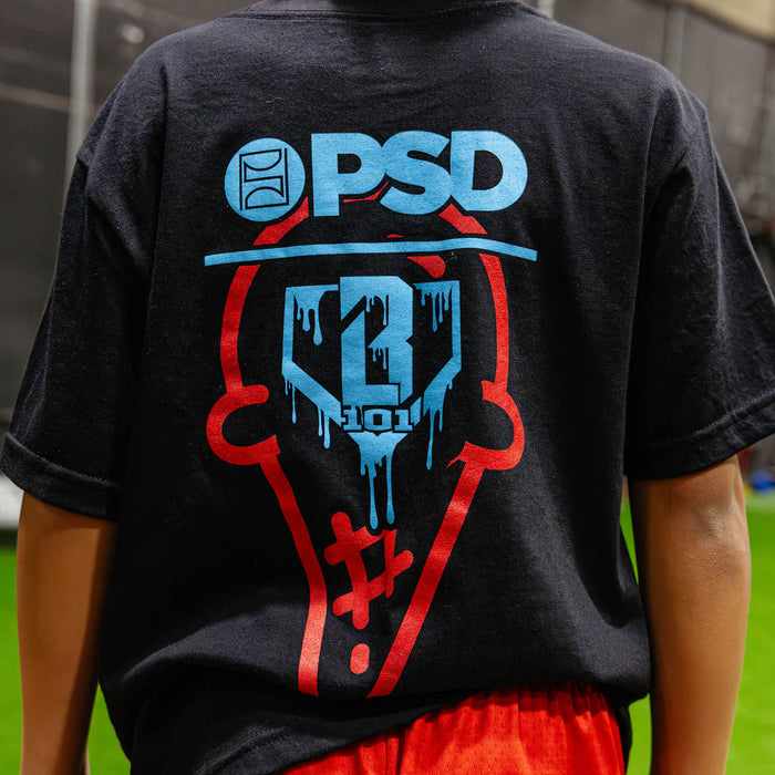 Youth model wearing black BL 101 X PSD Scoops youth graphic tee
