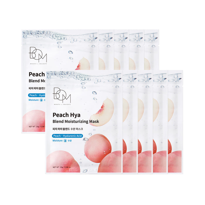 BOM Peach Hya Blend Moisturizing Mask - drėkinančios odą lakštinės veido kaukės, 10 vnt
