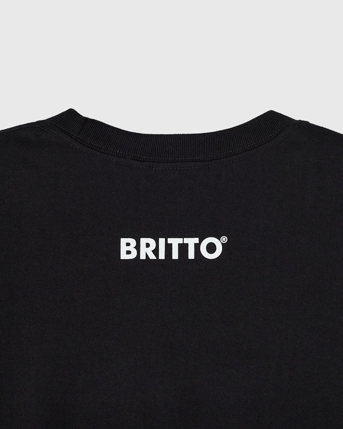 Black t-shirt with white "BRITTO" text and registered trademark symbol on chest.
