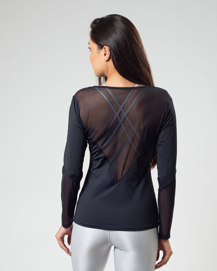 Camisa Manga Longa V Tule Preta