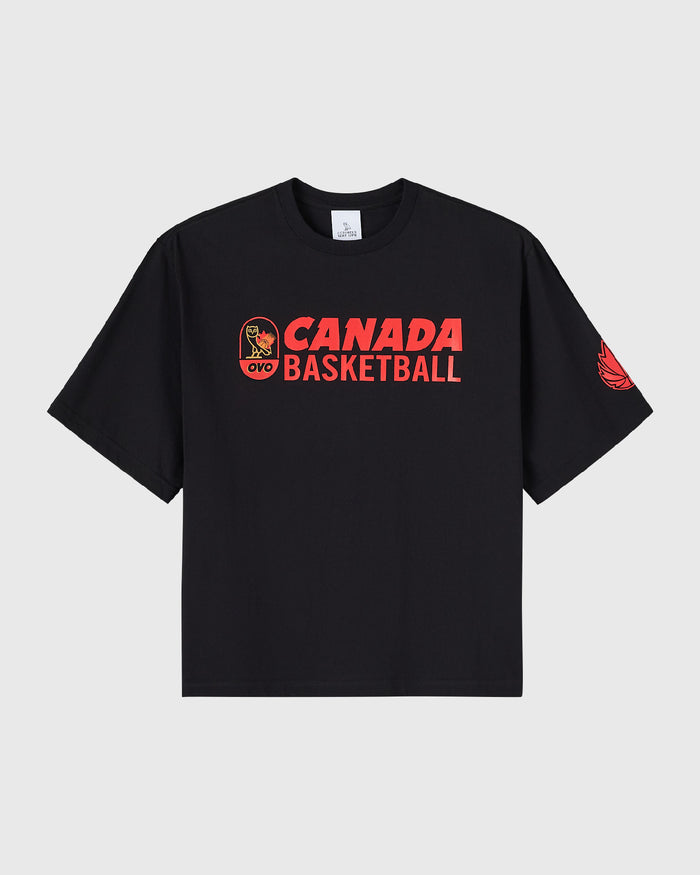Black t-shirt with red "Canada Basketball" text and logo on chest, red wing graphic on sleeve.