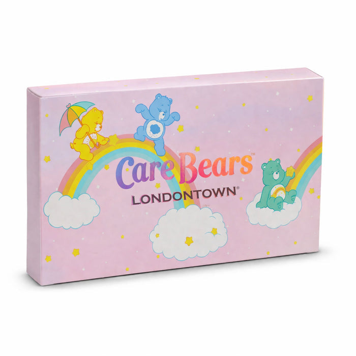 Rectangular pink box with Care Bears illustrations, rainbows, and clouds, labeled "Care Bears Bundle" by LONDONTOWN on the front.