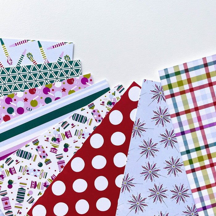 Catherine Pooler - 6x6 Patterned Paper - Snap Crackle Pop. No, that isn't your childhood breakfast cereal...that is the sound of a celebration! The Snap Crackle Pop Patterned Paper is all about a party and perfect in time for New Years. Available at Embellish Away located in Bowmanville Ontario Canada.