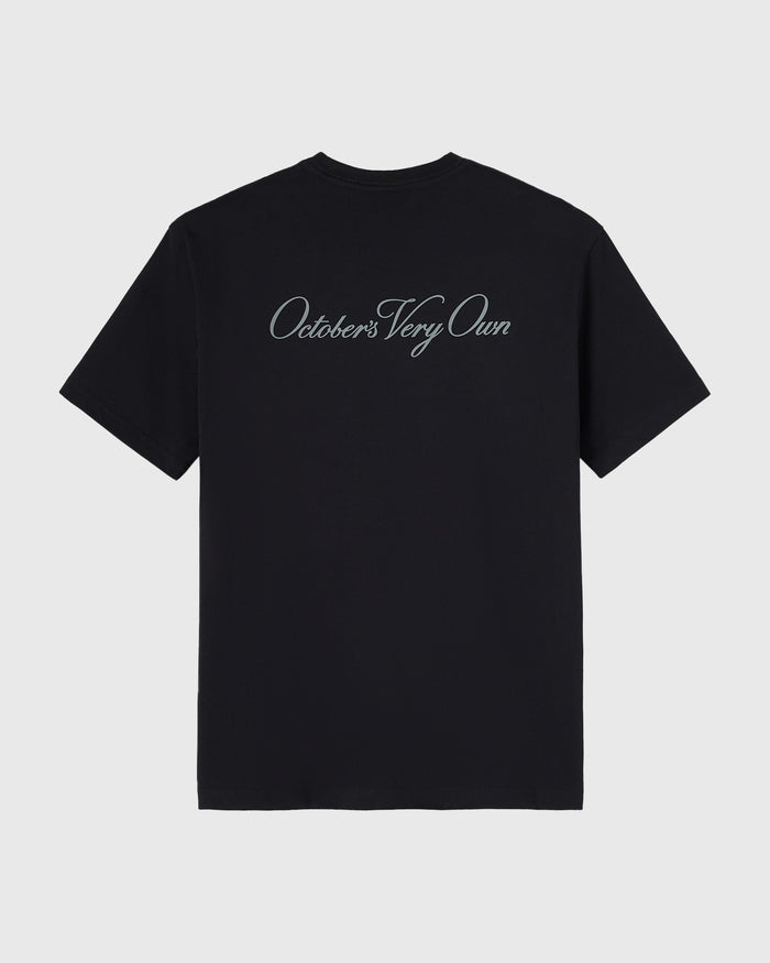 Black t-shirt with gray cursive text reading "October's Very Own" on the chest.