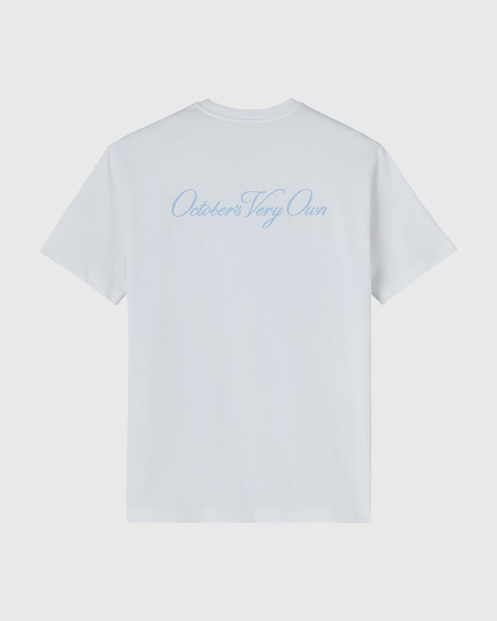 White short-sleeve t-shirt with light blue script text reading "Octobers Very Own" on the back.