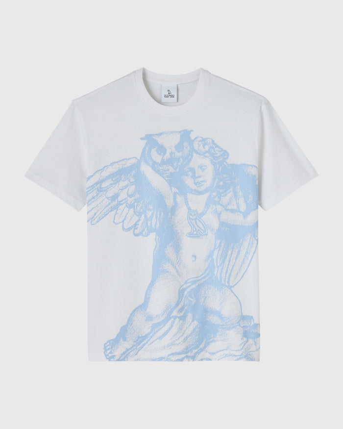 White t-shirt with blue cherub graphic print featuring winged figure on chest.