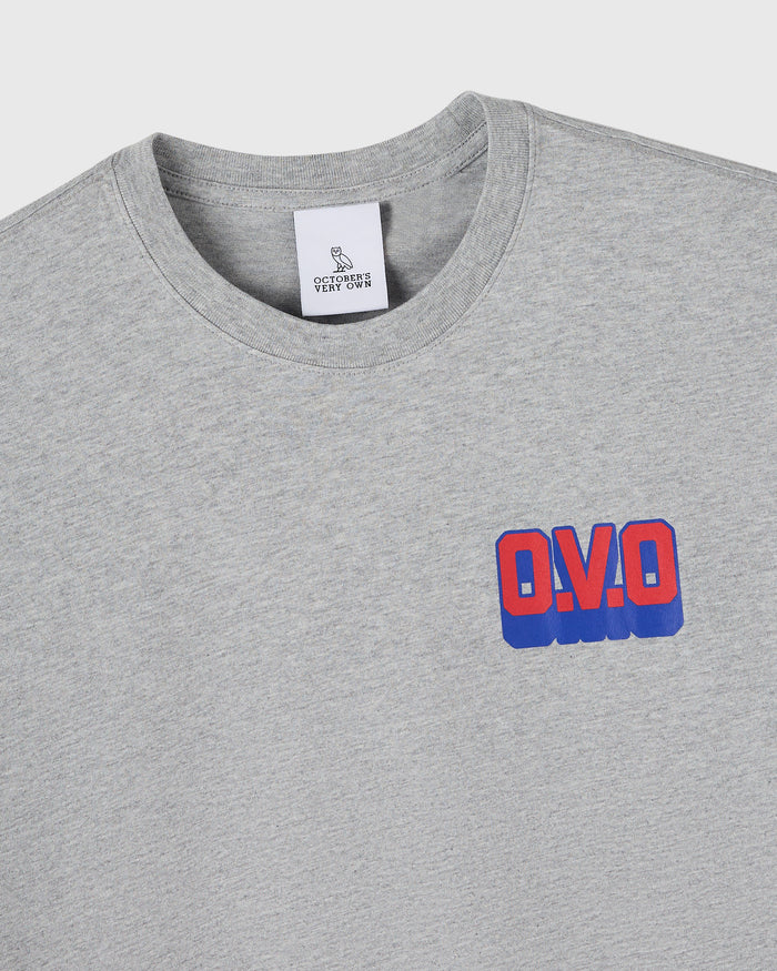 Heather grey crew neck t-shirt with red and blue "O.V.O" wordmark graphic on chest.
