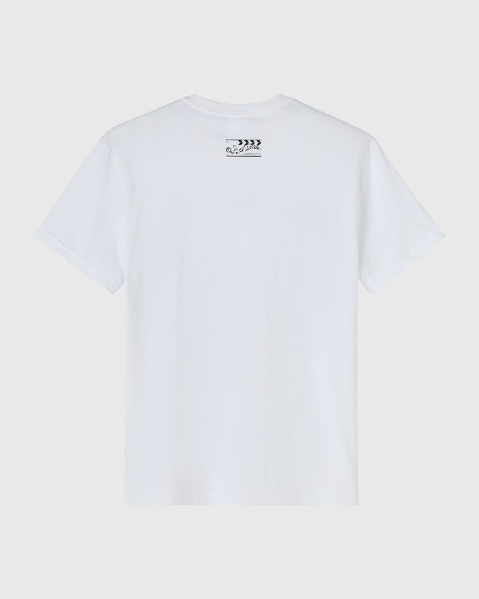 White short-sleeve t-shirt with small film clapper graphic and text print on upper back.