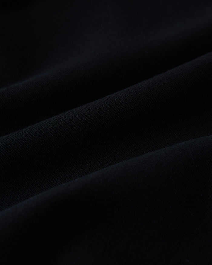 Close-up of black ribbed knit fabric with diagonal folds showing texture and weave detail.