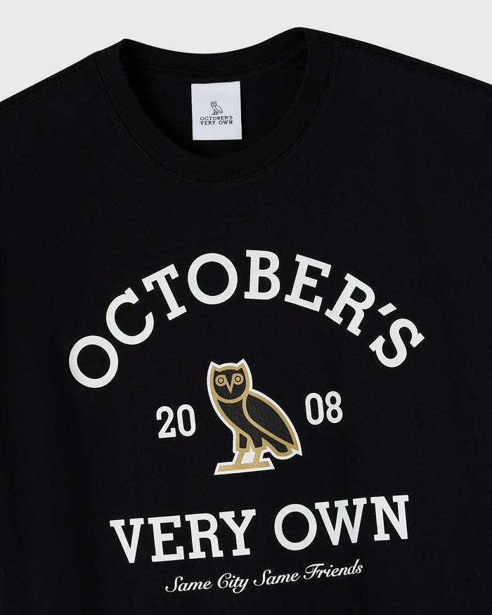 Black crew neck tee with white text reading "October's Very Own" and gold owl graphic with "2008" and "Same City Same Friends