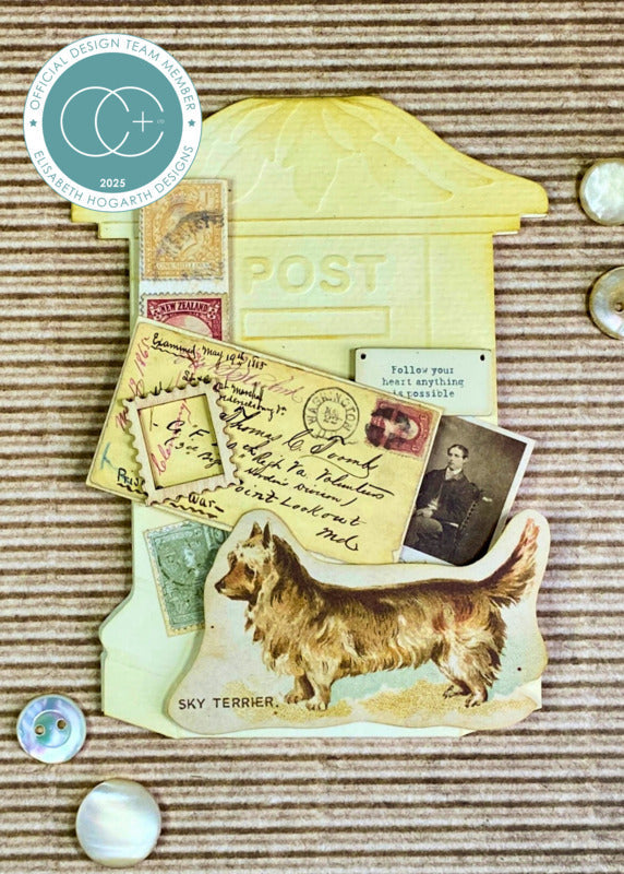 Craft Consortium Rub-on Transfers - Used Stamps. A set of 2 sheets, both sheets with the same design. Available at Embellish Away in Bowmanville Ontario Canada. Example by brand ambassador.