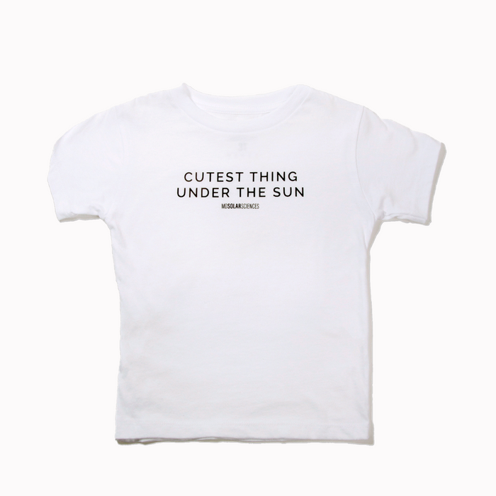 White t-shirt with black text 'CUTEST THING UNDER THE SUN'