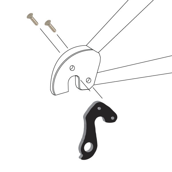 Hanger #174 attaches to the rear dropout from the outside or derailleur side using two M4x8 screws.