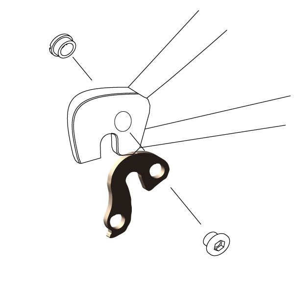 Hanger #201 attaches to the rear dropout from the outside or derailleur side using one M8 chainring bolt.