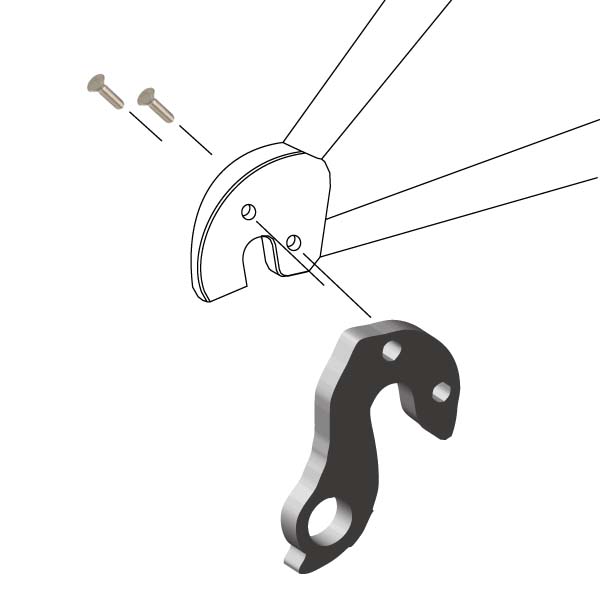 Hanger #278 attaches to the rear dropout from the outside or derailleur side using two M4x8 flat head screws.