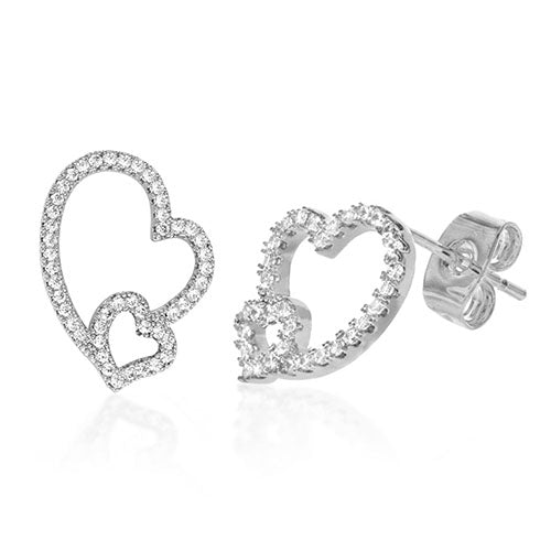 Diamond Look Cubic Zirconia Micro Pave Double Heart Earring - ikatehouse