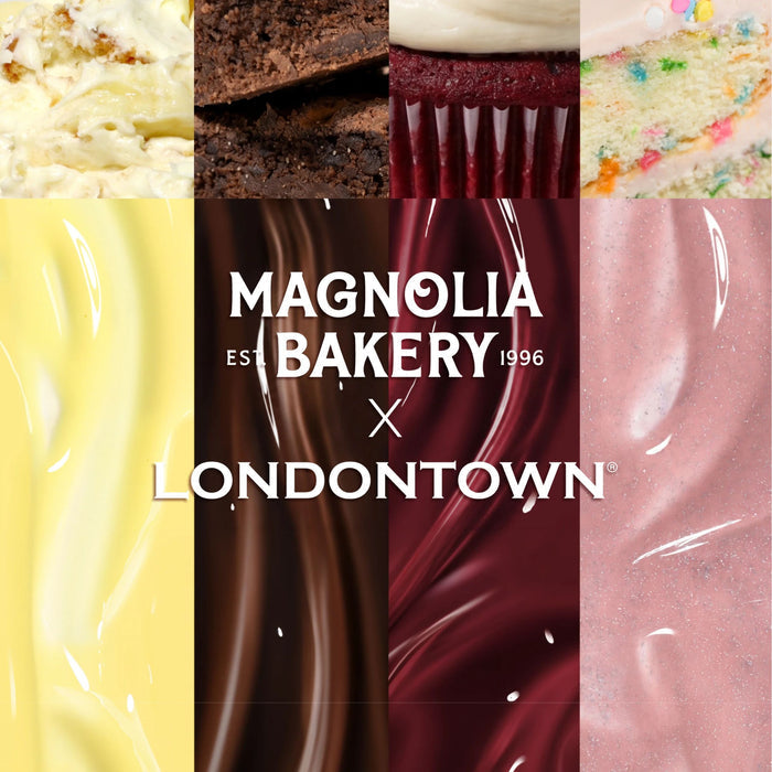 Collage of cakes and colorful icing textures, featuring swirls of rich chocolate brown, with the text “LONDONTOWN Double Fudge” in the center, representing this decadent offering from the LONDONTOWN brand.