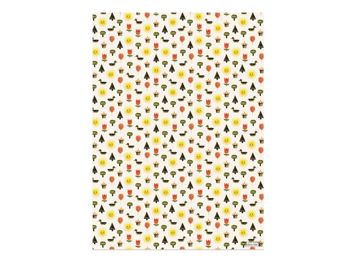Farm-themed gift wrap sheet with repeating animals, trees, and sun icons