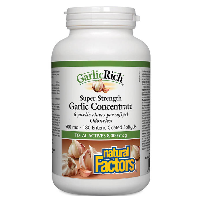 Bottle of Natural Factors GarlicRich® Super Strength Garlic Concentrate 180 EnteripureTM softgels