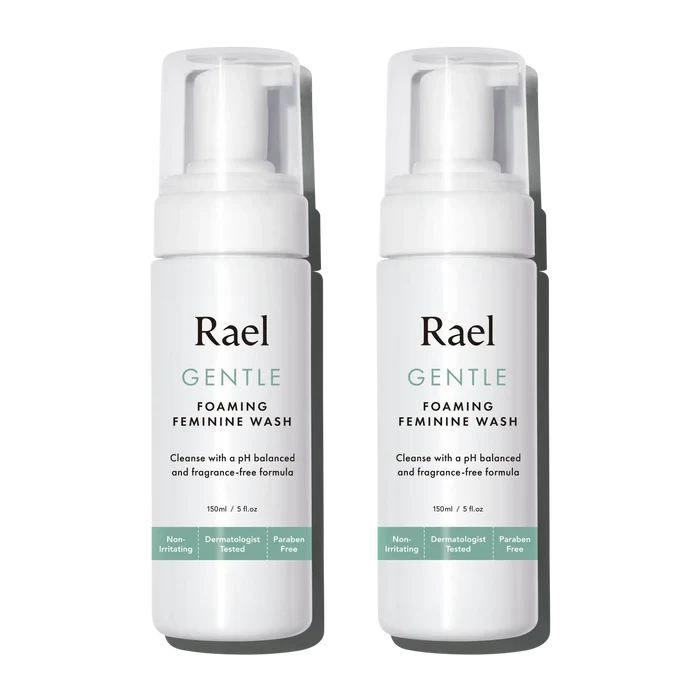 2 pump bottles of Rael Gentle Foaming Feminine Wash with white background.