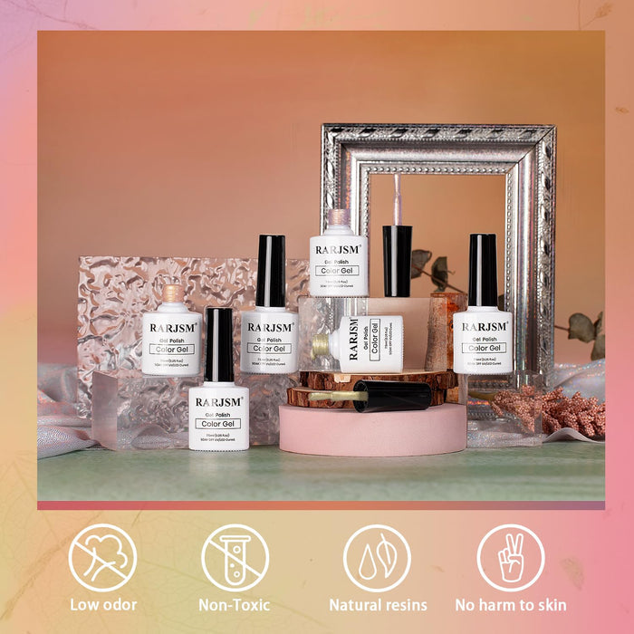 RARJSM golden horizon gold shimmer jelly gel polish set with low odor, non-toxic, natural resins, no harm to skin features in elegant setting