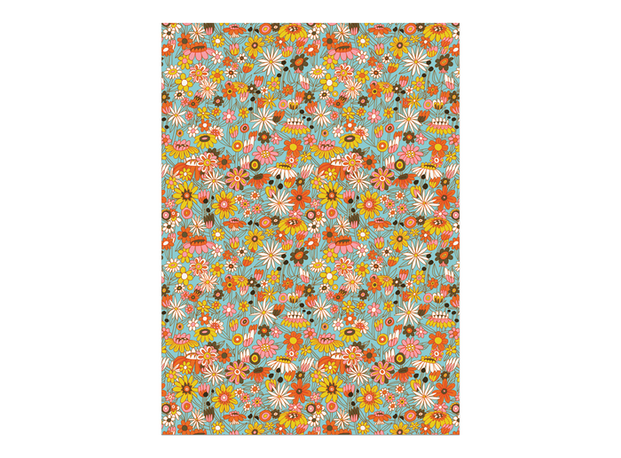 Floral wrapping fabric roll with dense multi-color flower and leaf pattern