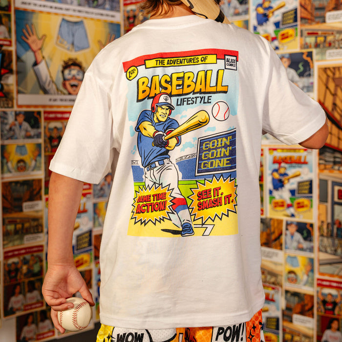 Youth model wearing white youth graphic tee with "Home Run Hero" design