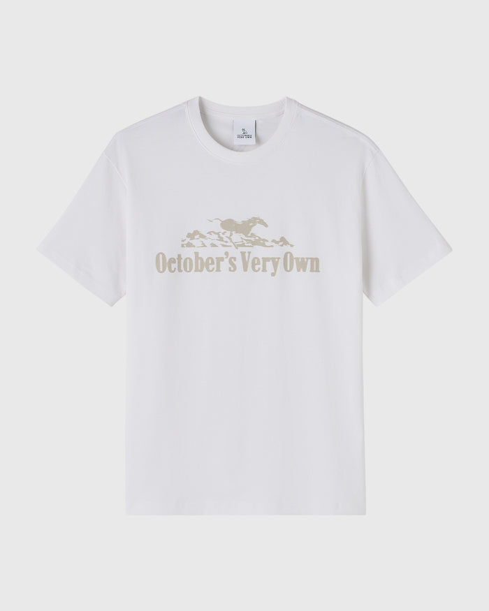 White t-shirt with tan horse and "October's Very Own" text printed on chest.