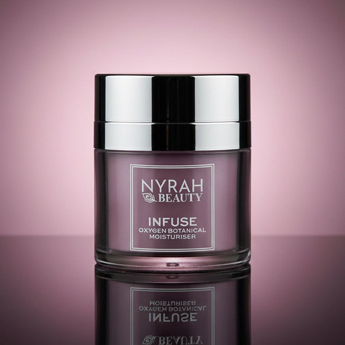 Nyrah Beauty skincare jar on a pink gradient background