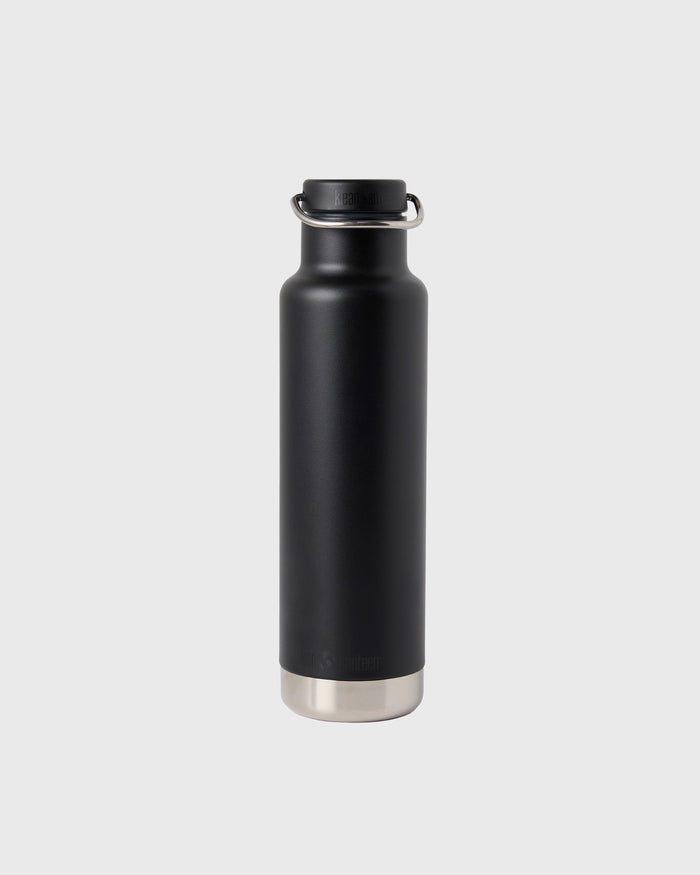 Black insulated stainless steel water bottle with metal loop handle and silver base.
