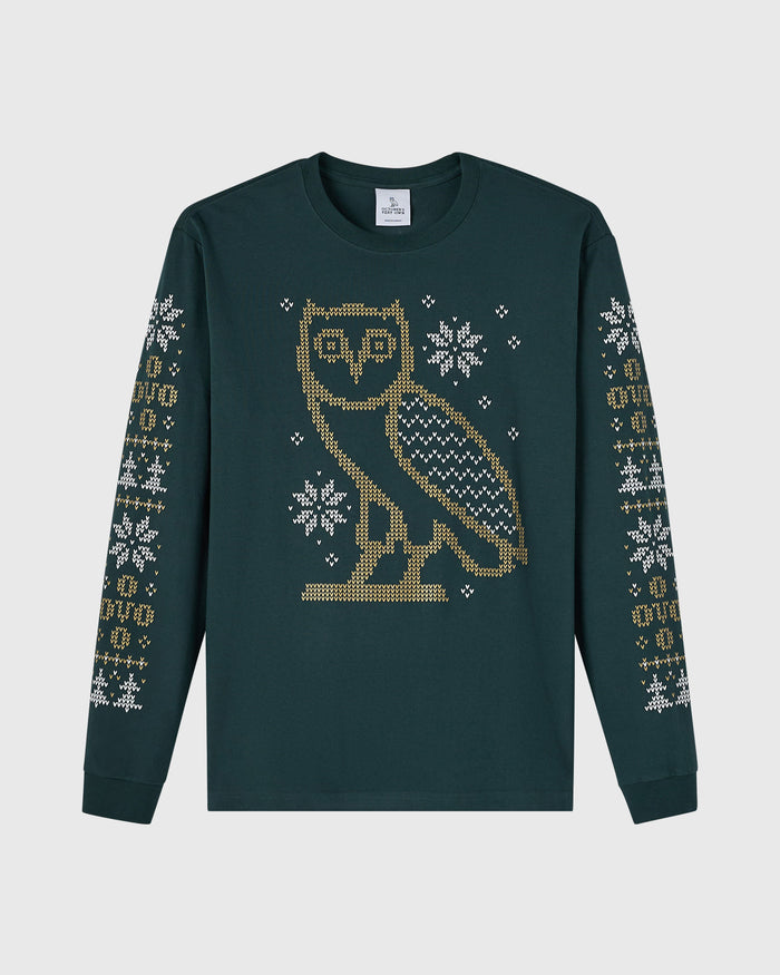 Snowflake Owl Long-Sleeve Tee - Midnight Green