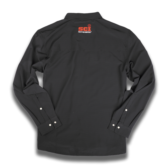 rear view of Black longsleeve airflow shirt with SCI logo on upper back