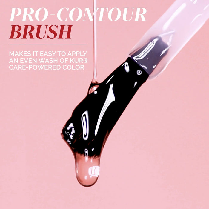A close-up of a brush with black liquid and a translucent drop, featuring text about LONDONTOWN’s Luxe Length Nail Gloss for KUR care-powered color on a pink background.
