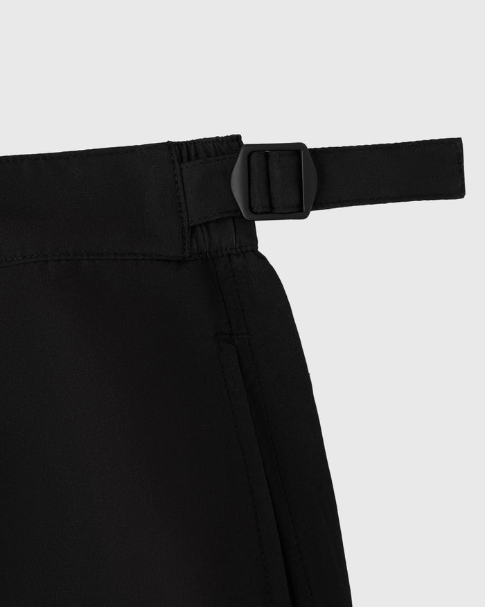 Black swim short with adjustable drawstring waistband and plastic buckle closure.