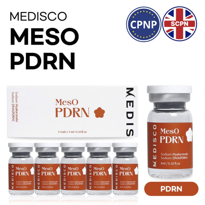 Display of Medisco Meso PDRN Mesotherapy products, featuring the benefits of Meso solutions for Hair & Skin in revitalizing and nourishing the complexion.