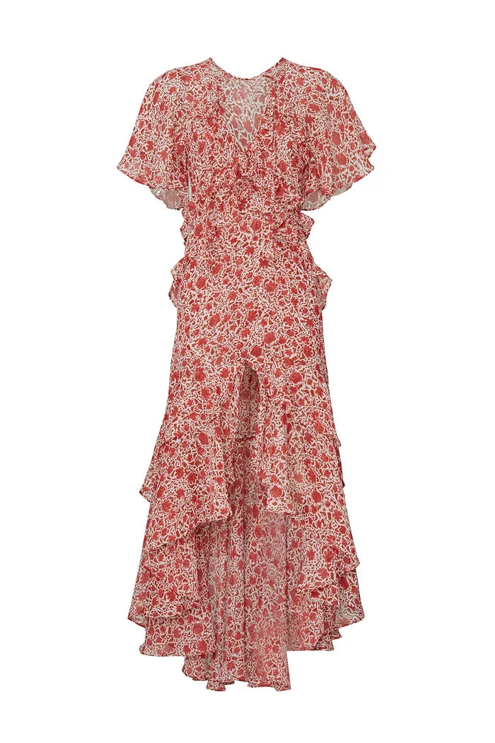 Katarina red print silk dress by Misa Los Angeles displayed on a hanger, showcasing its vibrant pattern and elegant design.