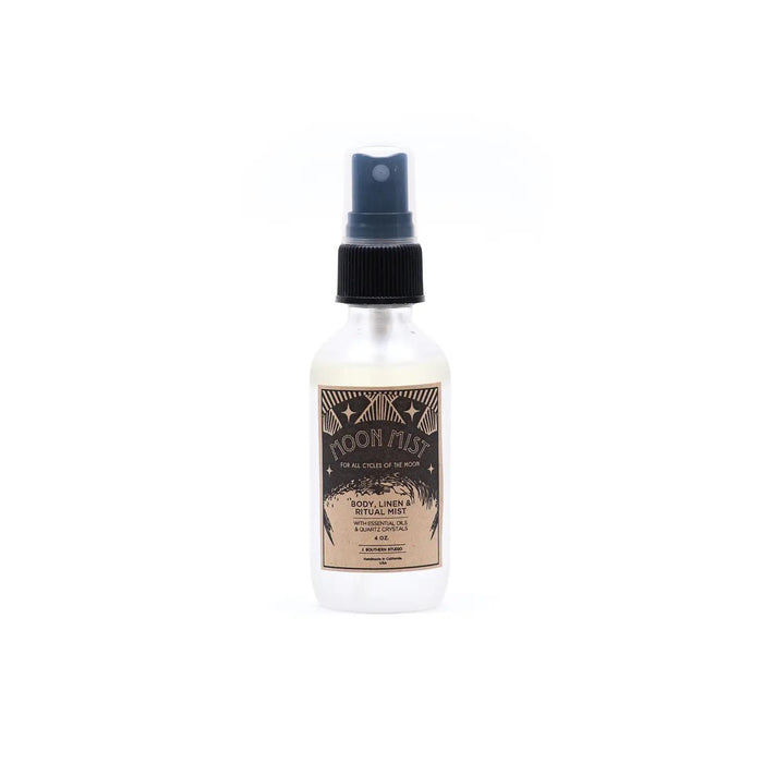 Clear glass body mist spray bottle with dark label and blue pump top