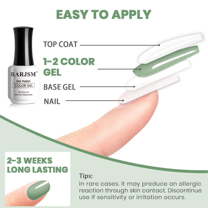 Mossy Meadow sage green gel polish application guide 4 steps - base gel color gel top coat 2-3 weeks long-lasting safety tips