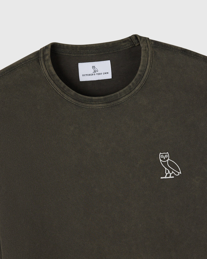 Deep olive long-sleeve tee with crew neckline and white owl embroidered on chest.