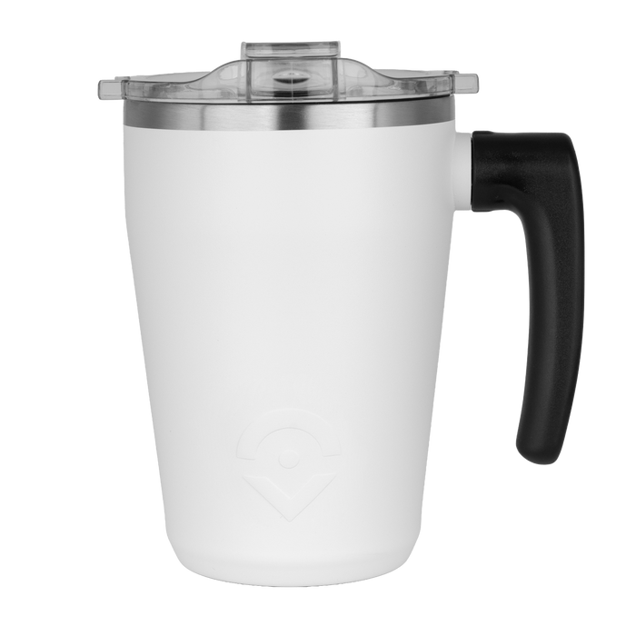 White travel mug with black handle on a white background