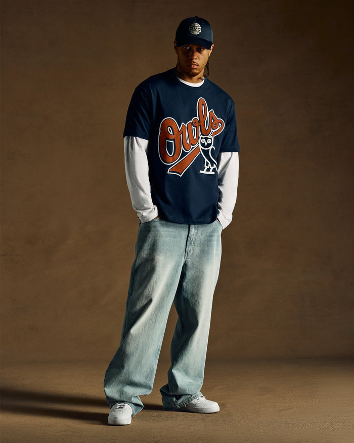 Navy and white color-block sweatshirt with "Owls" text and owl graphic on chest.