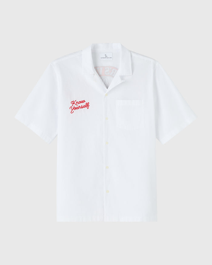 White camp shirt with short sleeves, collar, and red "Know Yourself" embroidered text on chest.