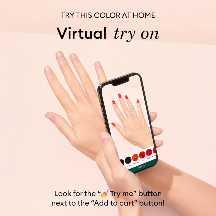 A hand holds a smartphone featuring Manucurist’s virtual try-on app, displaying the same hand with Red Hibiscus iridescent gel polish. Text guides users on trying out different Manucurist nail colors virtually.