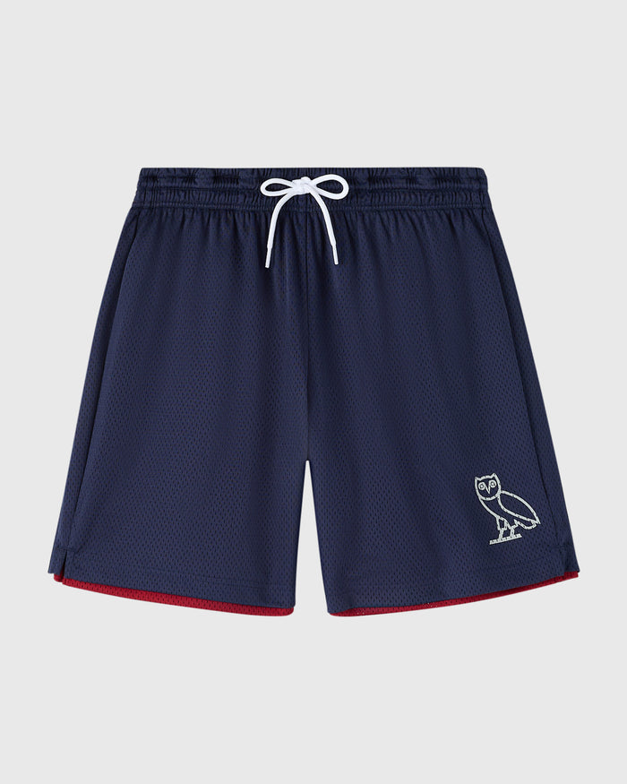 Navy mesh shorts with red trim, white drawstring, and owl emblem on leg.
