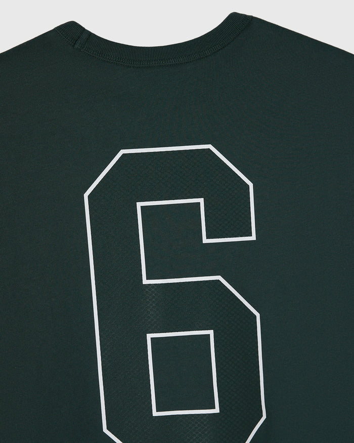 Midnight green muscle tee with white outlined number 6 print on chest and ribbed crew neckline.