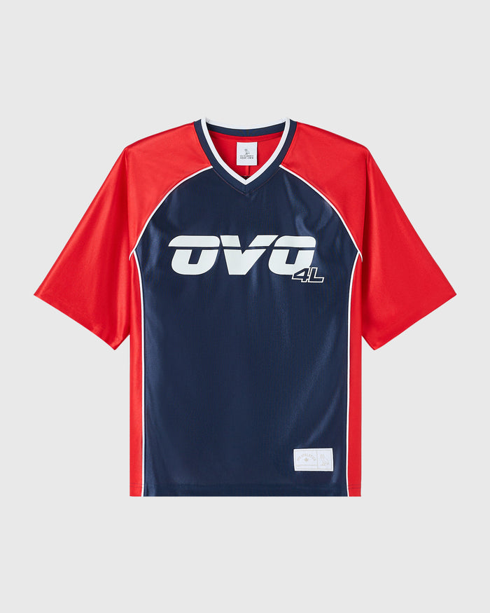 Navy and red colorblock t-shirt with white "OVO 4L" logo and V-neckline.