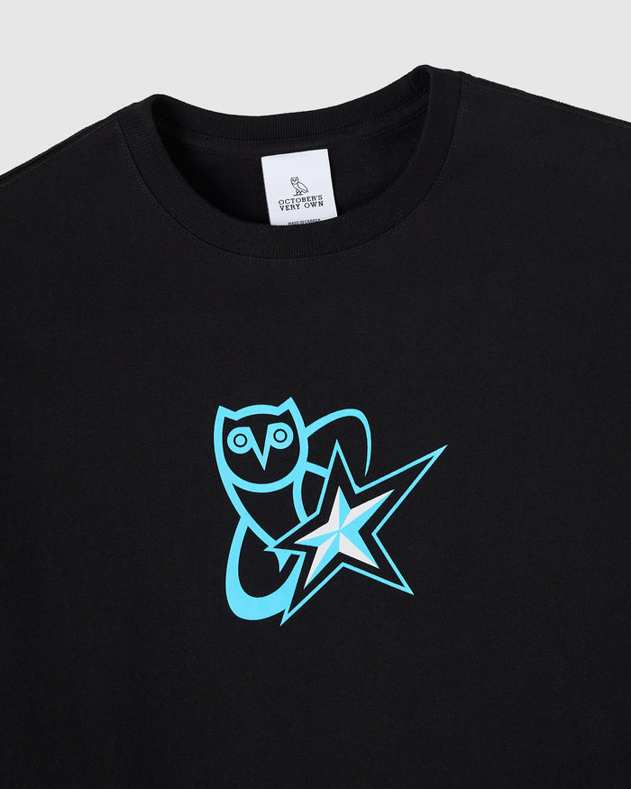 Black t-shirt with cyan outline graphic of an owl and star design on front.